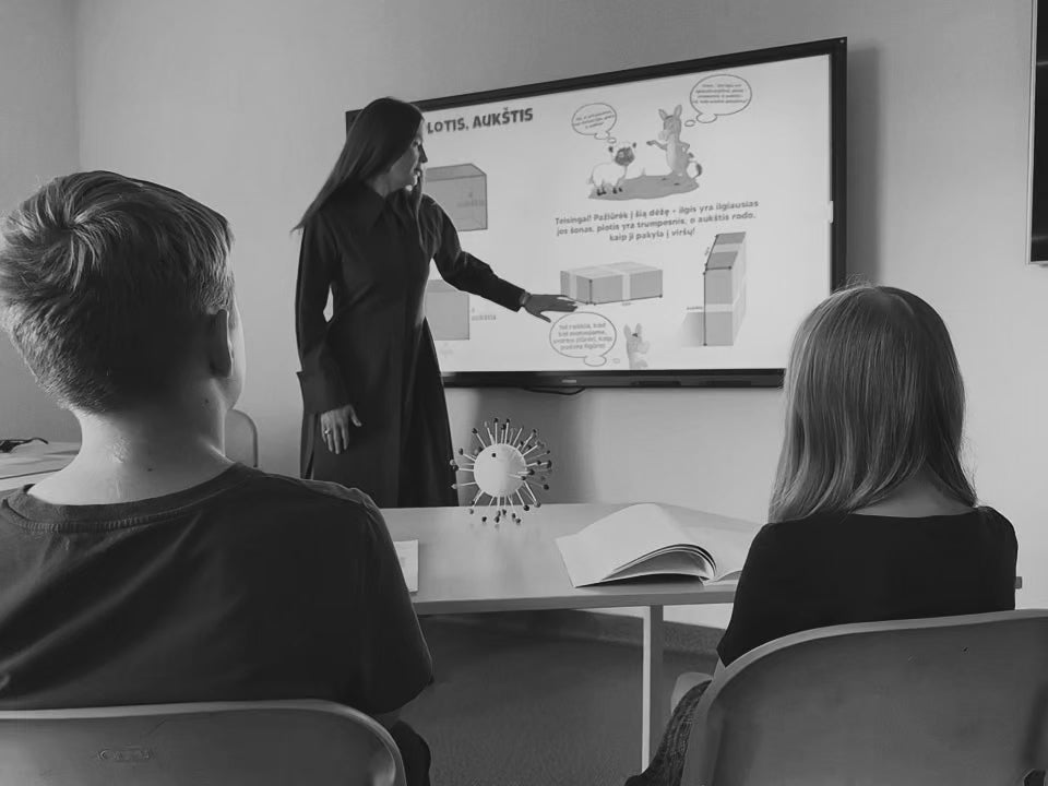 Mokytojas naudojantis MokoPlakatai pradinukams edukacinį plakatą klasėje